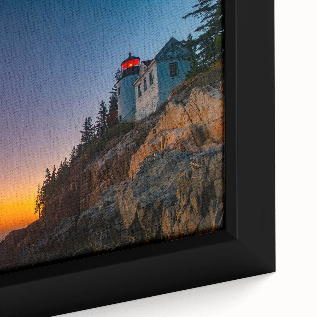 Black wall art featuring a textured close-up of Acadia, Maine, in vibrant colors on a framed canvas.