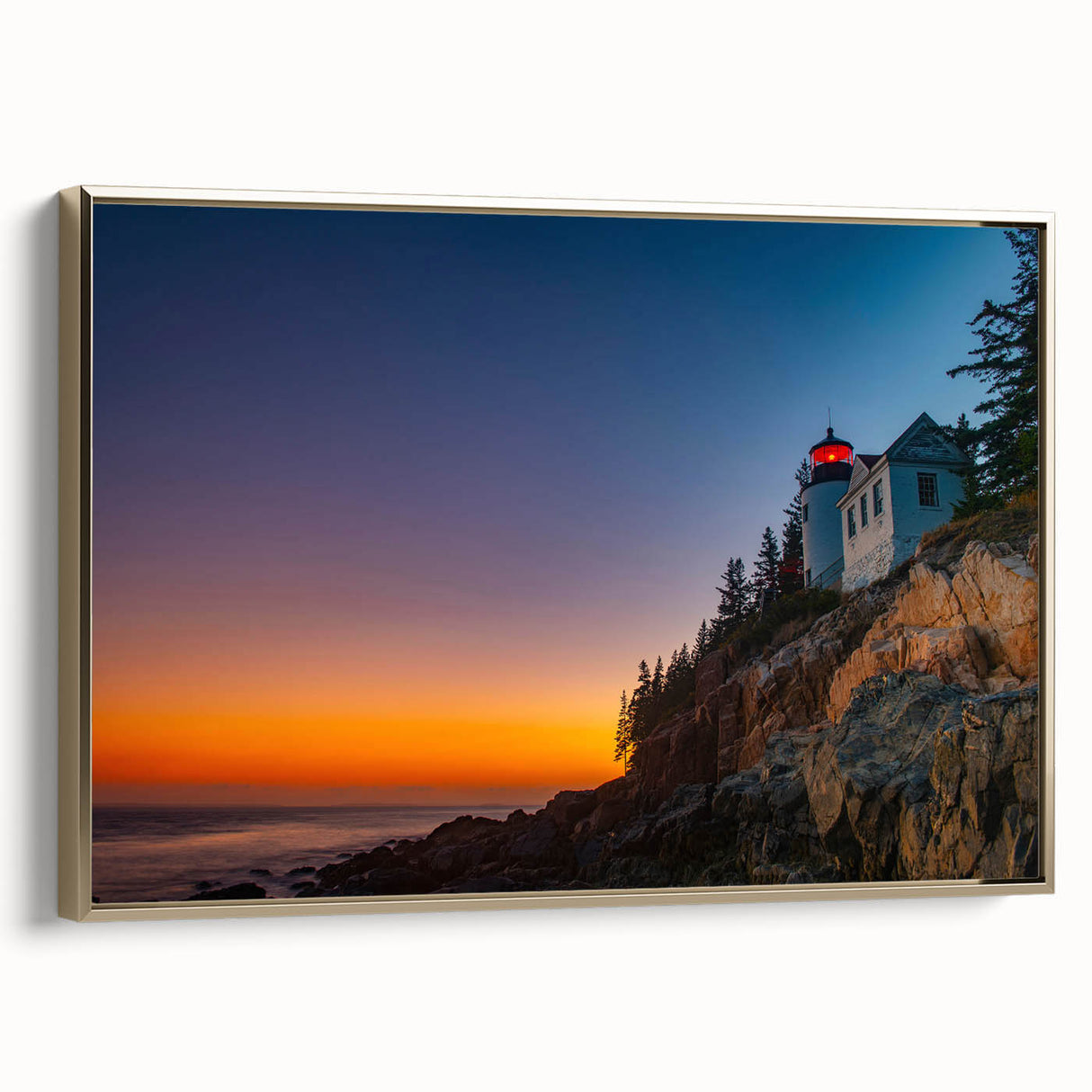 Framed canvas wall art of Acadia National Park landscape in muted earth tones, ideal for bedroom decor.