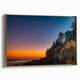 Framed canvas wall art of Acadia National Park landscape in muted earth tones, ideal for bedroom decor.