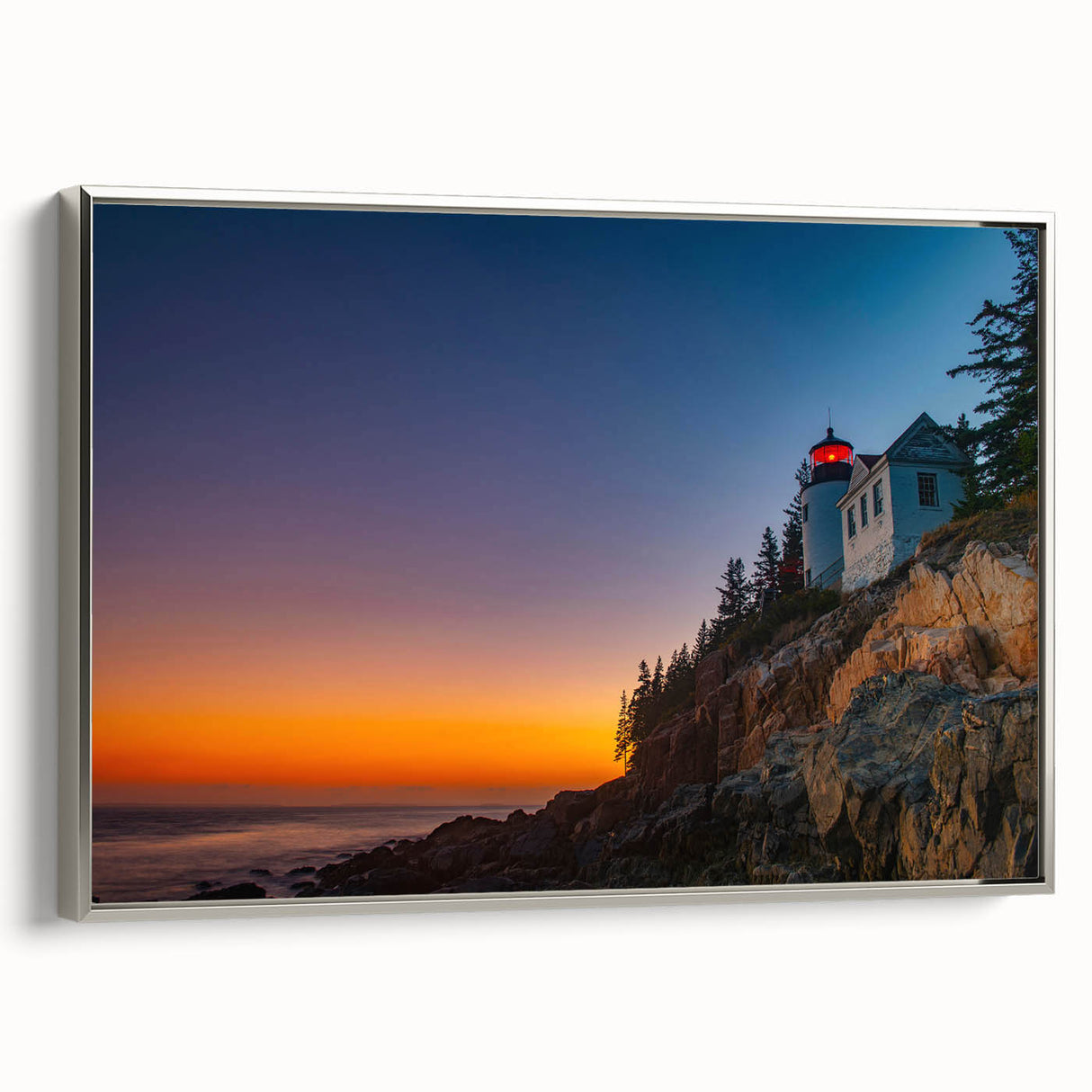 Landscape art painting of Acadia, Maine on a silver-framed canvas, featuring vibrant colors with a vintage poster style.