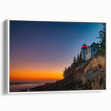 Vintage poster art of Acadia, Maine with colorful scenery on a large framed canvas, ideal for living room decor.