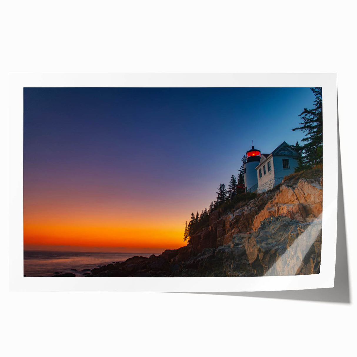 Acadia National Park scenery on a rolled canvas print, featuring earthy green and blue tones, ideal for dining room wall art.