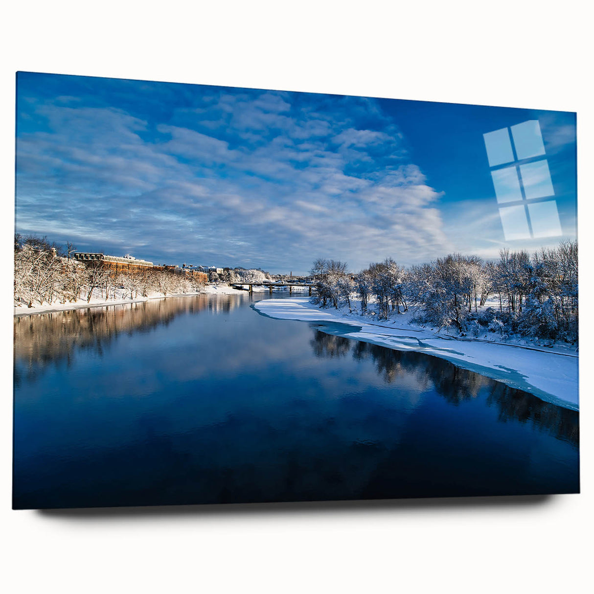 Large abstract wall art depicting a serene Maine landscape in muted earth tones on acrylic glass.
