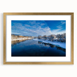 Extra large abstract art print of a Maine scenery in textured gold frame, suitable for living room decor.