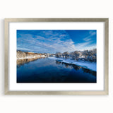 Textured abstract art print depicting a Maine scenery in muted blues and greens, framed with a silver mat.