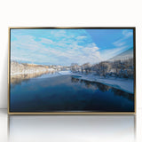 Large art print of a Maine landscape, featuring muted earth tones in a mid-century modernist style on a framed acrylic.