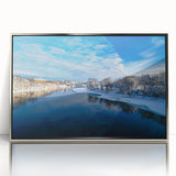 Mid-century modernist art depicting a serene Maine landscape in muted earth tones on a framed acrylic print.