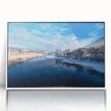 Acrylic print of a serene Maine landscape in pastel shades, framed in white, suitable for modern nursery decor.