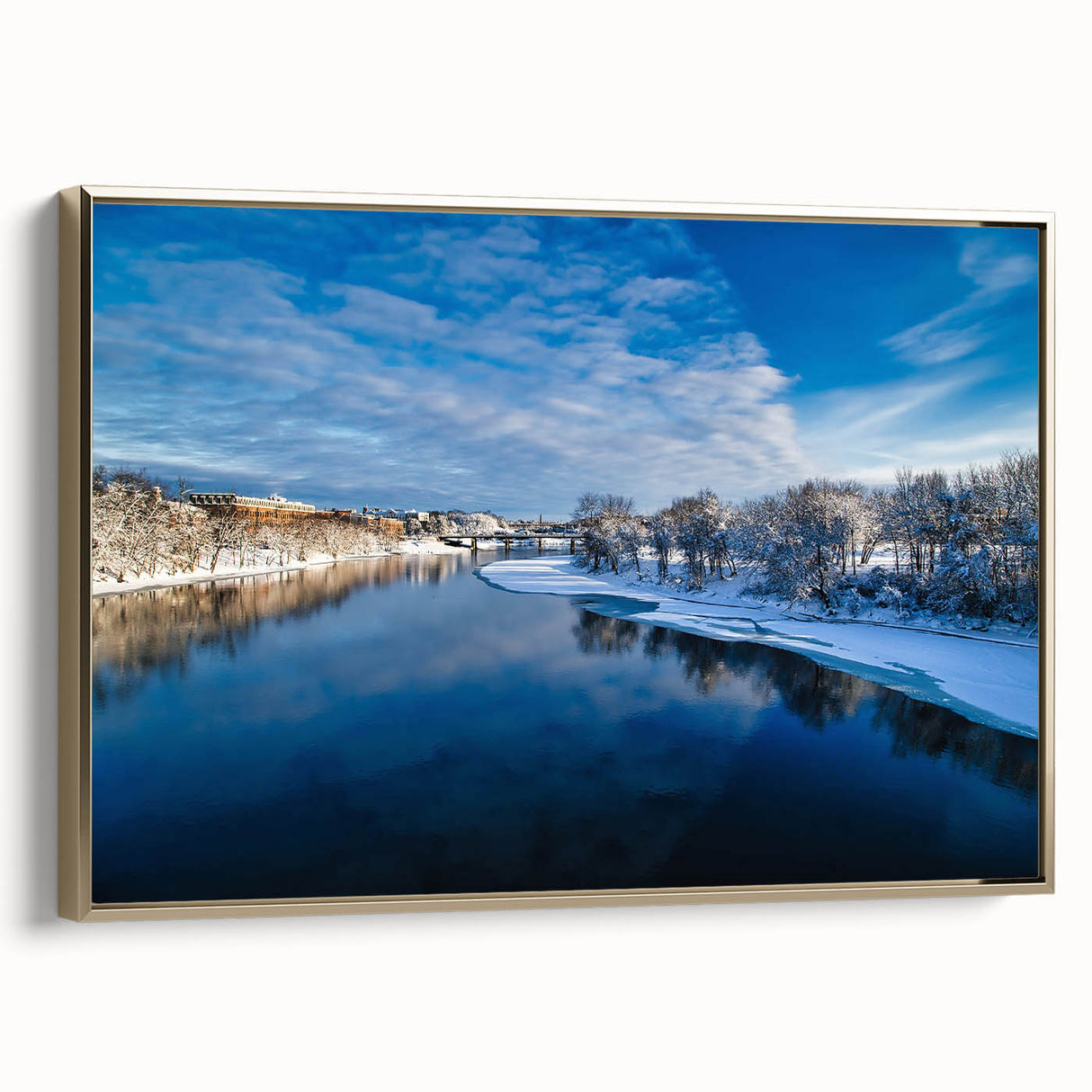 Framed canvas depicting a serene Maine landscape in muted earth tones, ideal for bedroom wall decor.