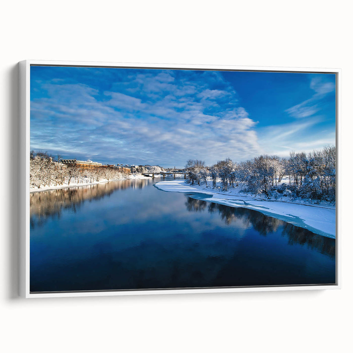 Vintage poster art of Maine scenery on framed canvas, featuring a colorful palette.