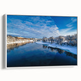 Vintage poster art of Maine scenery on framed canvas, featuring a colorful palette.