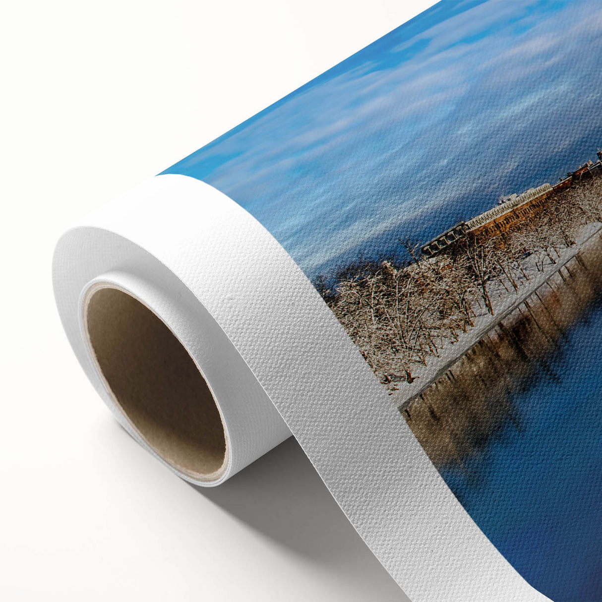 Art Deco style poster of Maine scenery in soft pastel colors, printed on rolled canvas, suitable as nursery wall art.