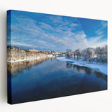 Scenic Maine coastline depicted in muted blues and greens on a large stretched canvas, ideal for kitchen wall art.