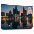 Acrylic print of Detroit skyline in muted gray and blue tones, ideal for modern dining room decor.