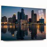 Large abstract wall art of Detroit skyline in muted gray and blue tones on acrylic glass.