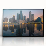 Large abstract wall art of Detroit skyline in muted gray and blue tones on a framed acrylic.