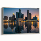 Detroit cityscape landscape art painting on framed canvas, featuring a blend of colorful and black tones.