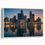 Vintage poster art of Detroit skyline in colorful hues on extra large framed canvas, ideal for living room decor.