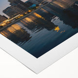 Art deco poster of Detroit skyline in monochrome shades on rolled canvas, suitable for dining room wall art.