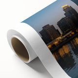 Art Deco poster of Detroit skyline in pastel colors on rolled canvas, ideal for nursery wall art.