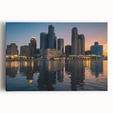 Black and white stretched canvas of Detroit skyline, ideal for kitchen wall art.