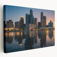 Large canvas print of Detroit skyline in muted gray and blue tones, ideal for kitchen wall art.