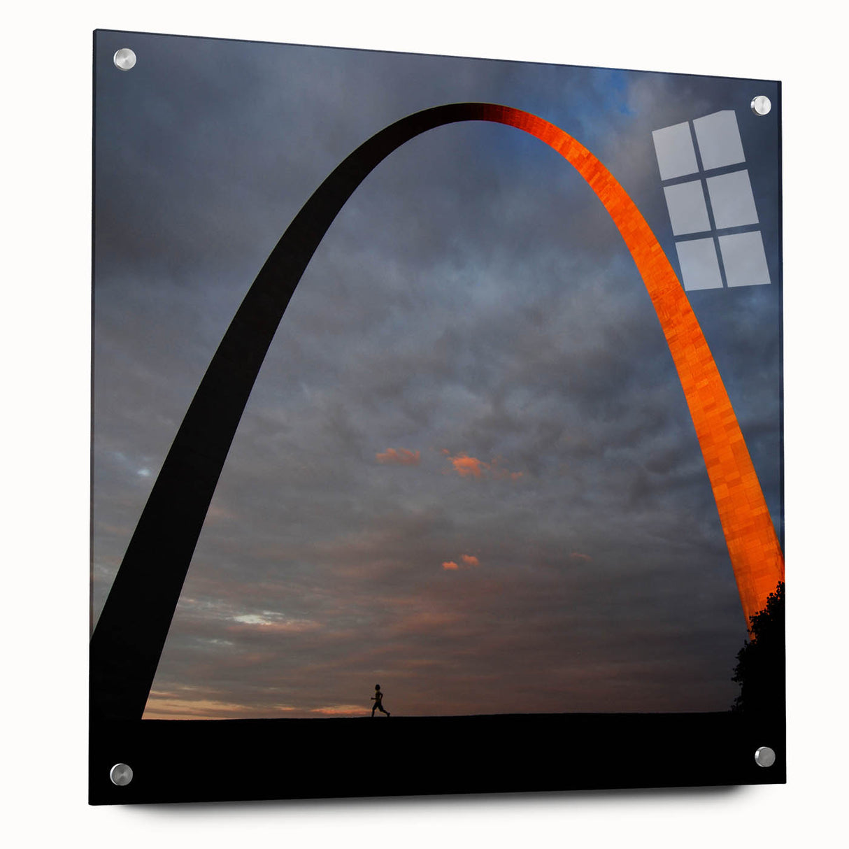 Acrylic print of the St. Louis skyline in muted colors, ideal for bedroom or dining room decor.