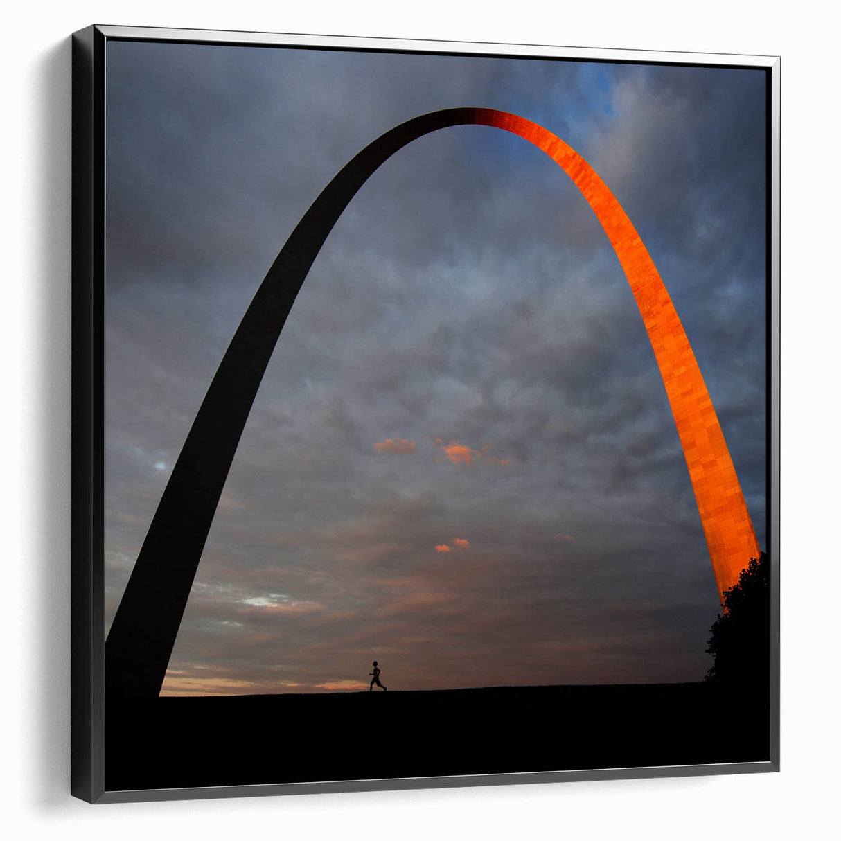 Black and white framed canvas of St. Louis skyline, ideal for bedroom wall art, featuring a vintage poster style.