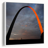 Vintage poster art of St. Louis skyline in vibrant colors on a large framed canvas, ideal for living room decor.