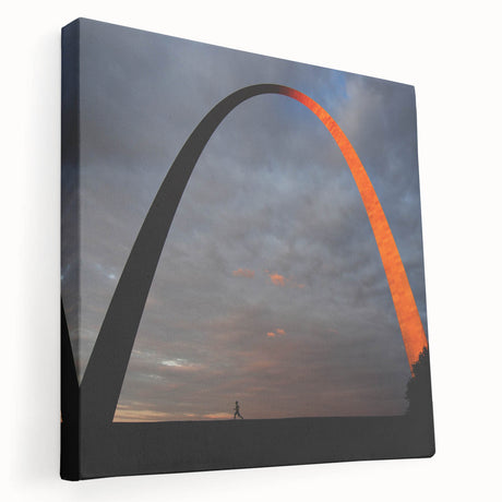 Stretched canvas print of the St. Louis skyline in muted gray and blue tones, ideal for kitchen wall art.