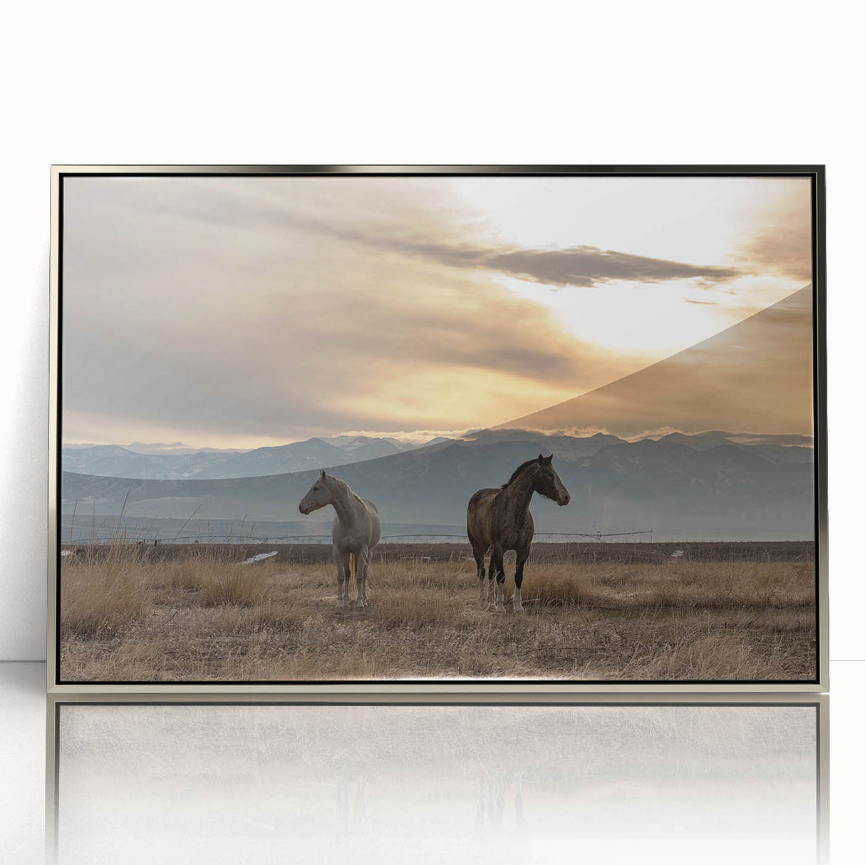Mid-century modernist art depicting Montana scenery in acrylic, framed in silver, ideal for nursery wall art.
