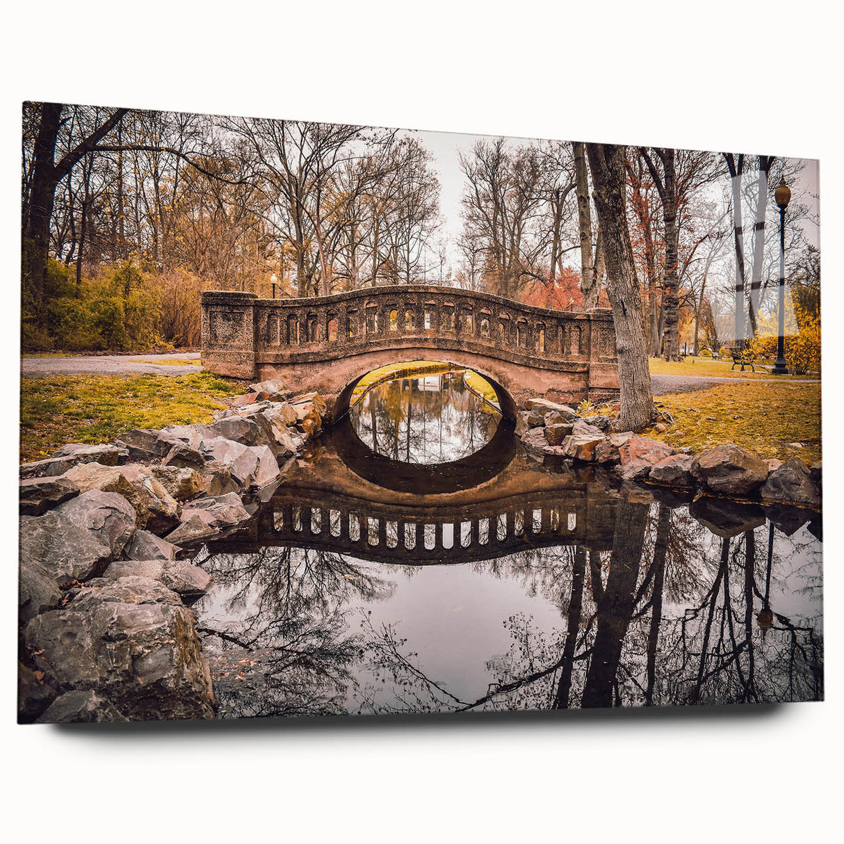 Large abstract wall art depicting a New Jersey scenery in muted earth tones on acrylic glass.