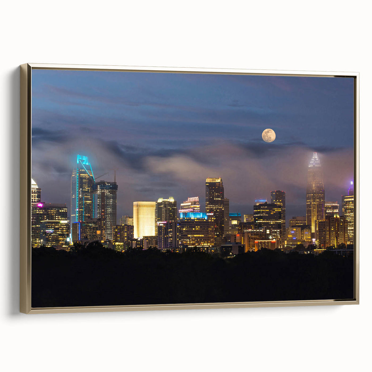 Framed canvas wall art featuring a vintage-style landscape painting of Charlotte, North Carolina in black and gold tones.