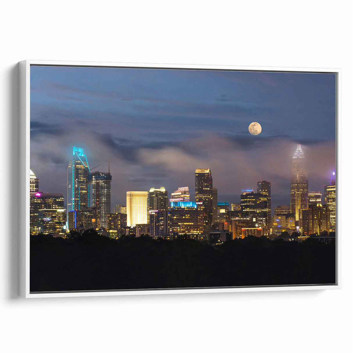Vintage poster art of Charlotte, North Carolina skyline in vibrant colors on extra large framed canvas.