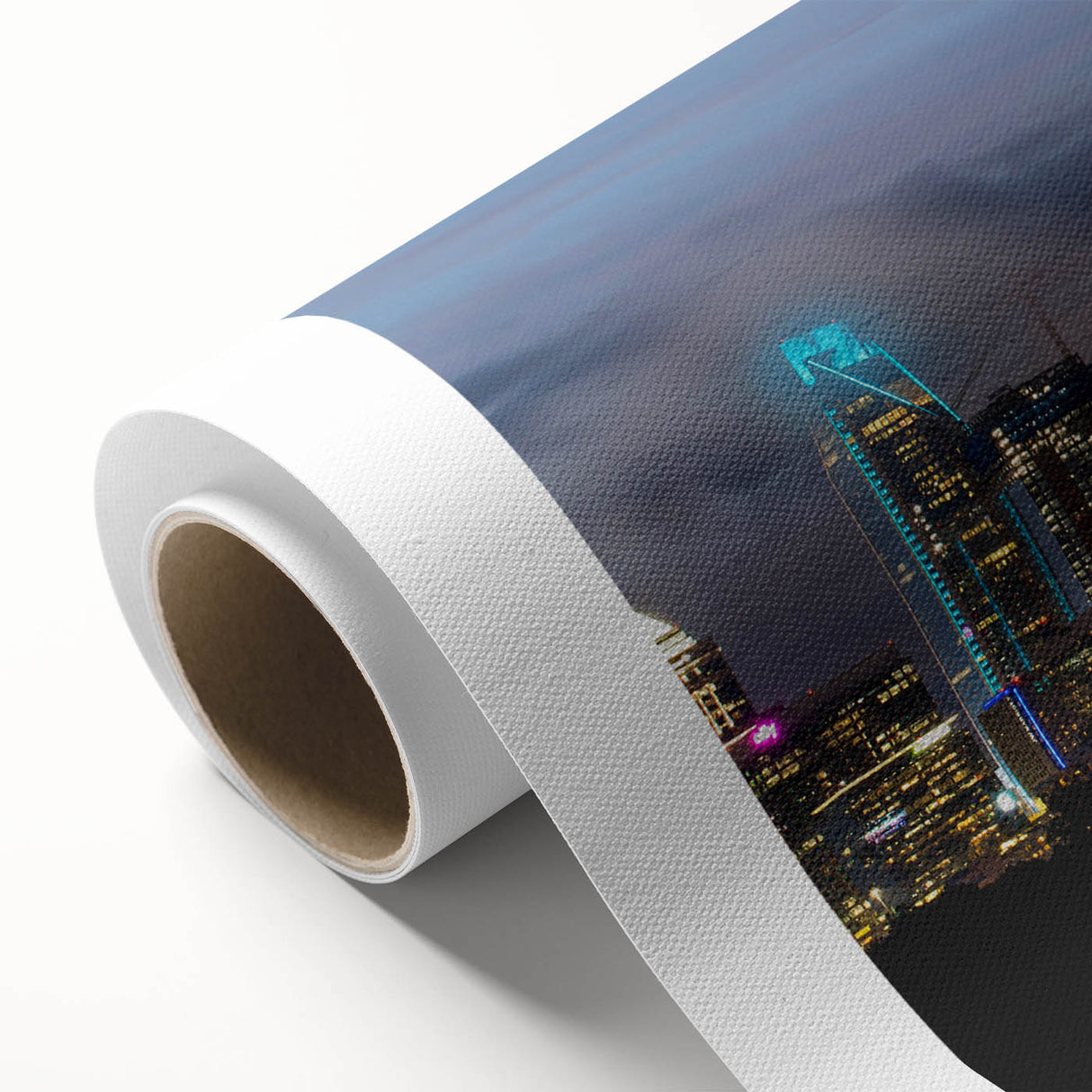 Art deco poster of Charlotte skyline in pastel shades on rolled canvas, ideal for nursery wall art.