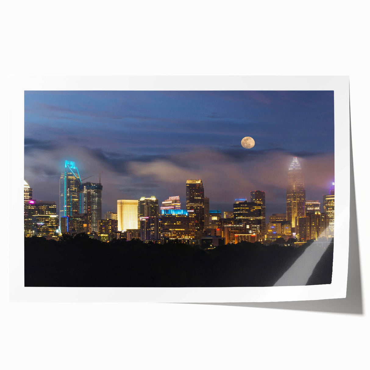 Extra large rolled print of Charlotte, North Carolina skyline in muted gray tones, ideal for art wall dining room.