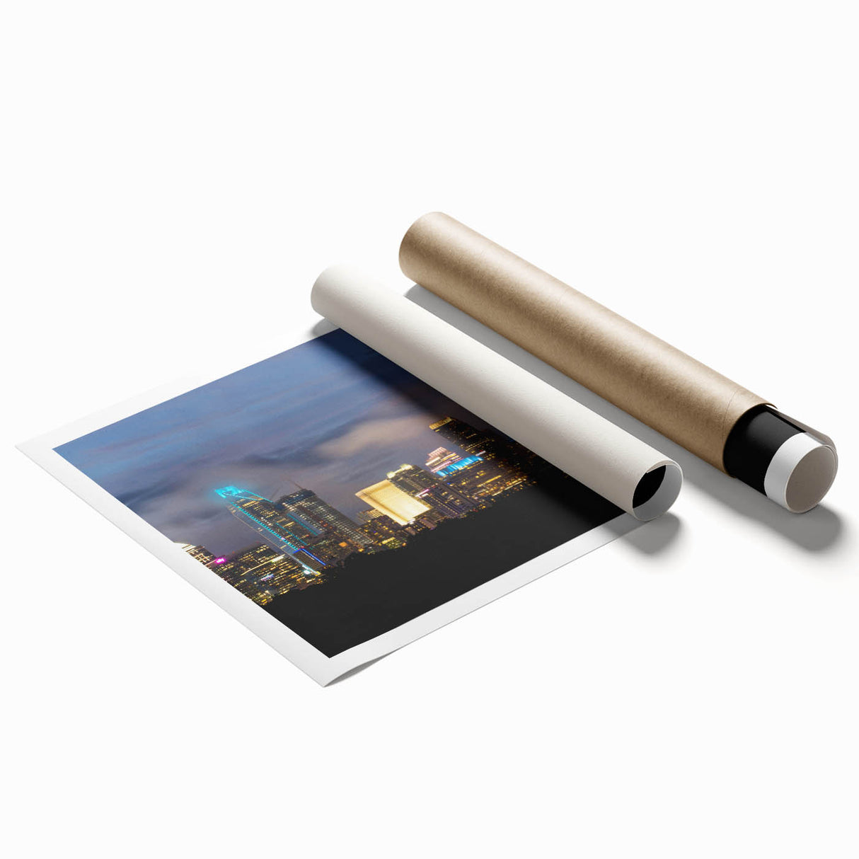 Extra large rolled print of Charlotte, North Carolina skyline in muted gray and blue tones.