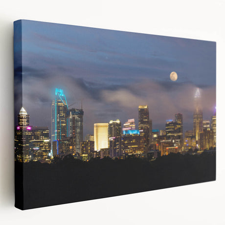 Charlotte skyline depicted in muted earth tones on a large stretched canvas, suitable for kitchen wall art.