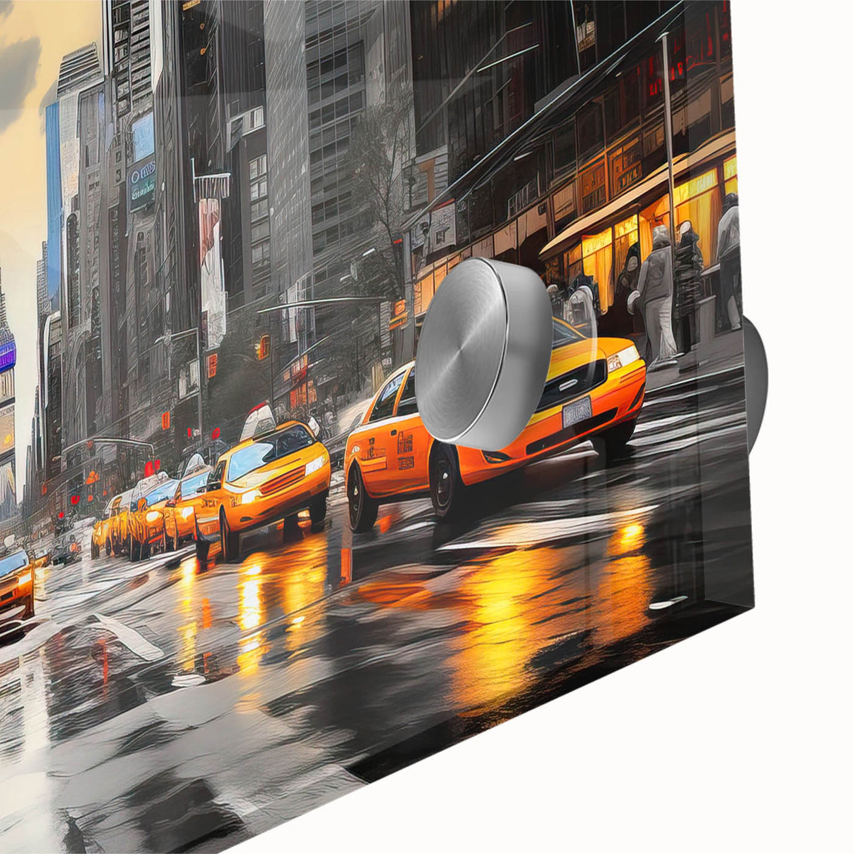 Acrylic print of large abstract Manhattan skyline in muted gray and blue tones, ideal for dining room art.