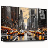 Acrylic print of Manhattan skyline in muted blue and gray tones, suitable for bedroom or dining room decor.