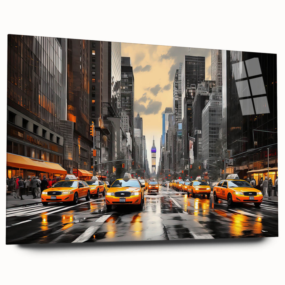 Large abstract depiction of Manhattan in muted gray tones on acrylic glass, suitable for bedroom or dining room decor.
