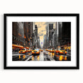 Extra large abstract art print of colorful New York City skyline, textured finish on a framed black mat.
