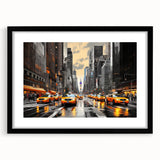 Extra large abstract art print of colorful New York City skyline, textured finish on a framed black mat.