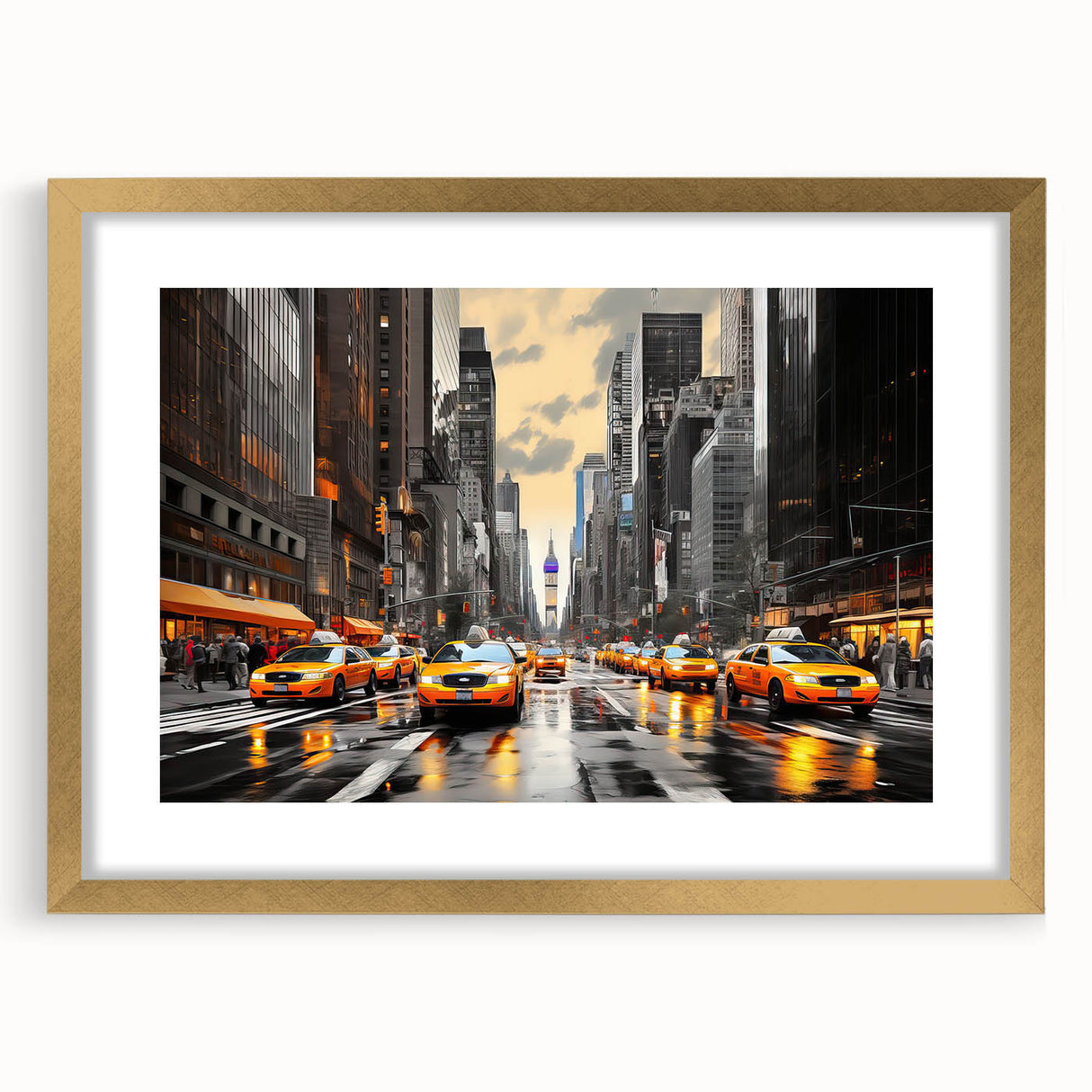 Extra large abstract art print depicting the Manhattan skyline in textured gray and blue tones, framed with a gold mat.