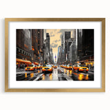 Extra large abstract art print depicting the Manhattan skyline in textured gray and blue tones, framed with a gold mat.