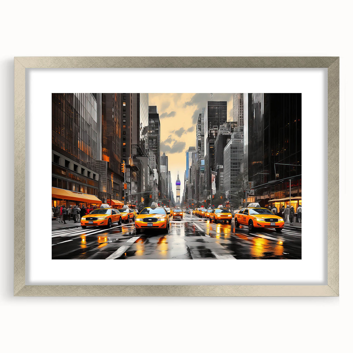 Abstract textured art print of Manhattan skyline in muted gray tones on a framed silver mat, ideal for bedroom wall decor.