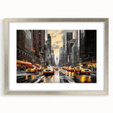 Abstract textured art print of Manhattan skyline in muted gray tones on a framed silver mat, ideal for bedroom wall decor.