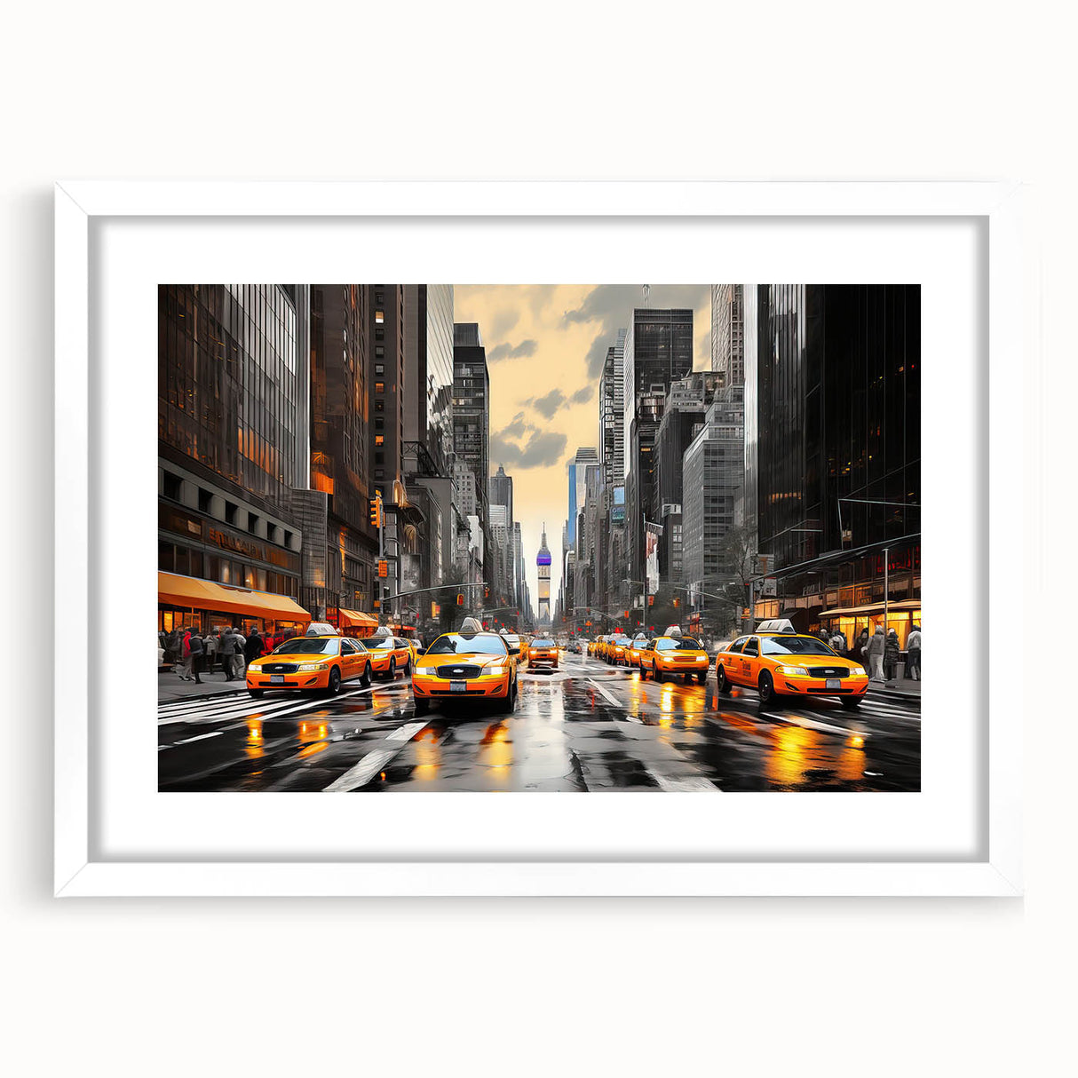 Abstract art print of Manhattan skyline in muted gray and blue tones on a framed white mat, ideal for dining room decor.