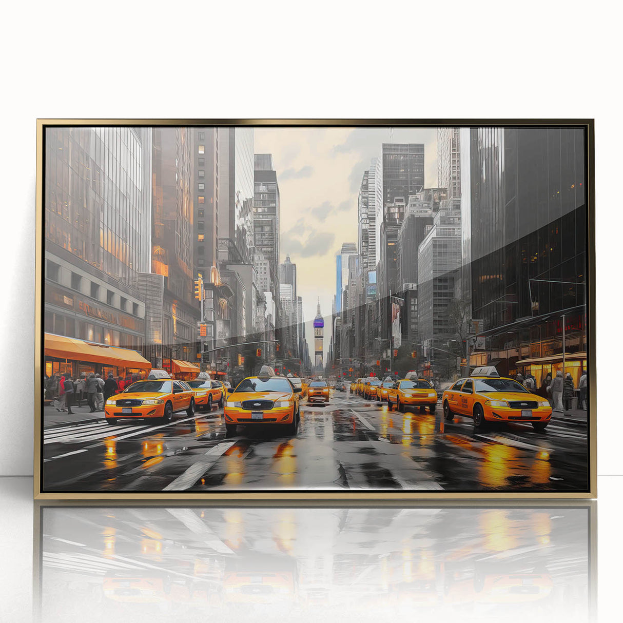 Mid-century modernist acrylic print of Manhattan skyline in gold and black tones, ideal for modern art wall decor.
