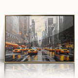 Mid-century modernist acrylic print of Manhattan skyline in gold and black tones, ideal for modern art wall decor.